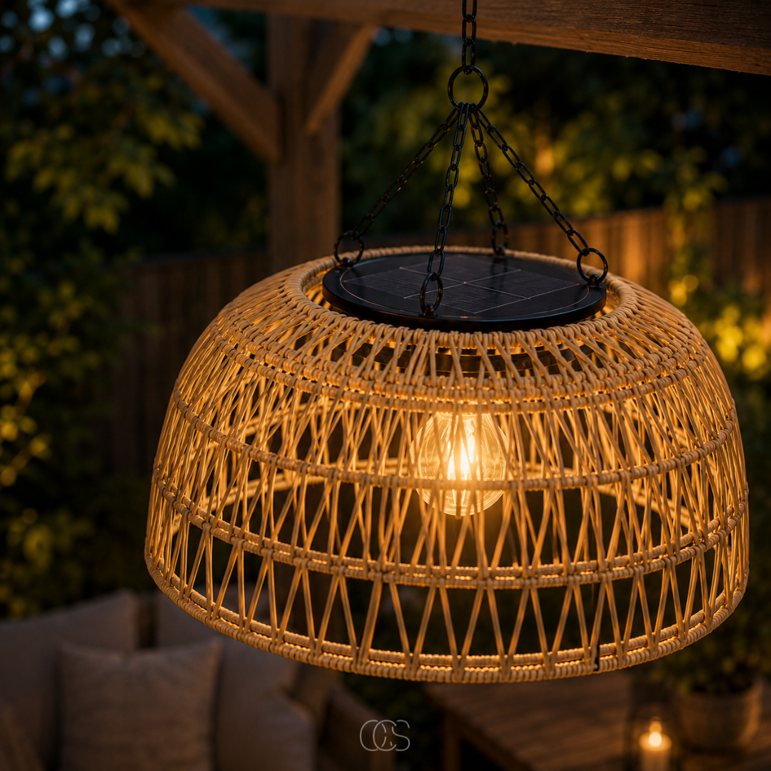 Gevlochten Solar Hanglamp Ø30cm Rotan Look Warm Wit LED Draadloos Tuinverlichting voor Terras Balkon | Sansoti