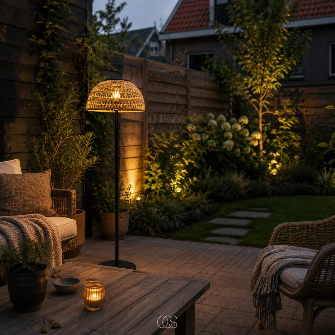 Staande Buitenlamp Rotan Zonne-energie 129cm Zwart Draadloos Sfeerverlichting Tuinverlichting Terras | Sansoti