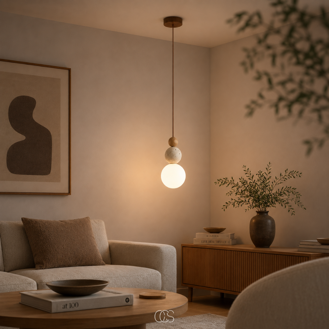 Hängelampe Glaskugel Travertin-Optik minimalistisches Design Esstisch Stimmungslicht Pendelleuchte modernes Interieur Wohnzimmer | Sansoti