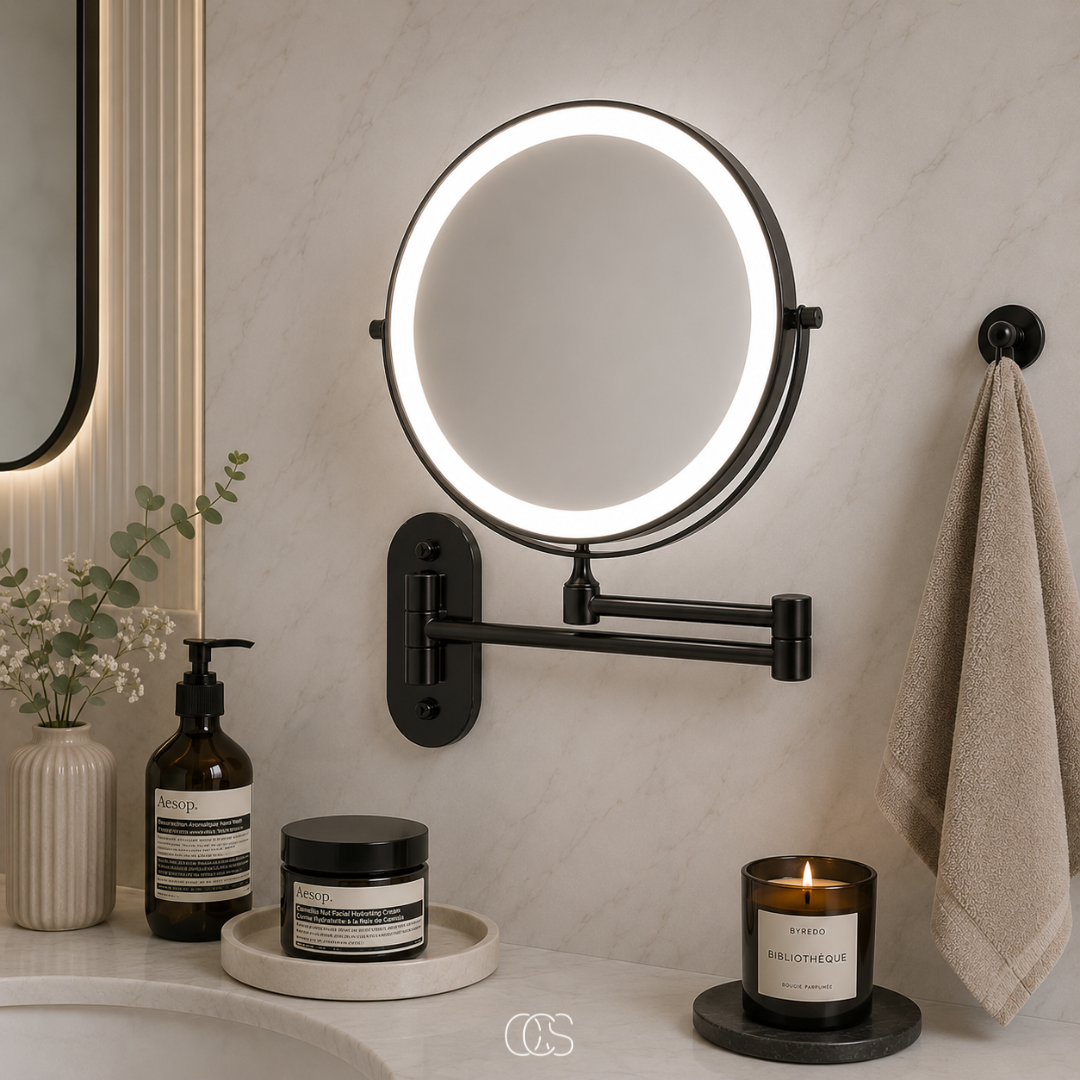 Oplaadbare LED Wandspiegel met Vergrotend Effect 3 Lichtstanden Draadloos 360° Draaibaar Badkamer Make-up 20cm | Sansoti