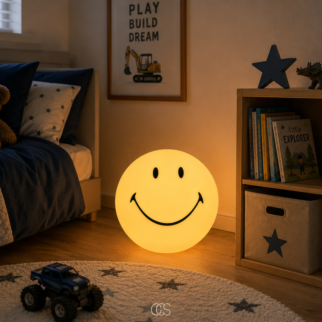 Smiley LED Tafellamp Geel 24cm Dimbaar Warm Wit Licht Nachtlampje Kinderkamer Slaapkamer Sfeerverlichting | Sansoti