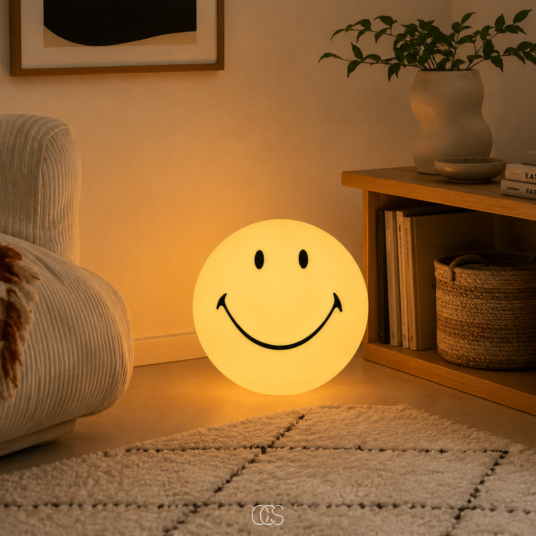 Smiley LED Tafellamp Geel 24cm Dimbaar Warm Wit Licht Nachtlampje Kinderkamer Slaapkamer Sfeerverlichting | Sansoti