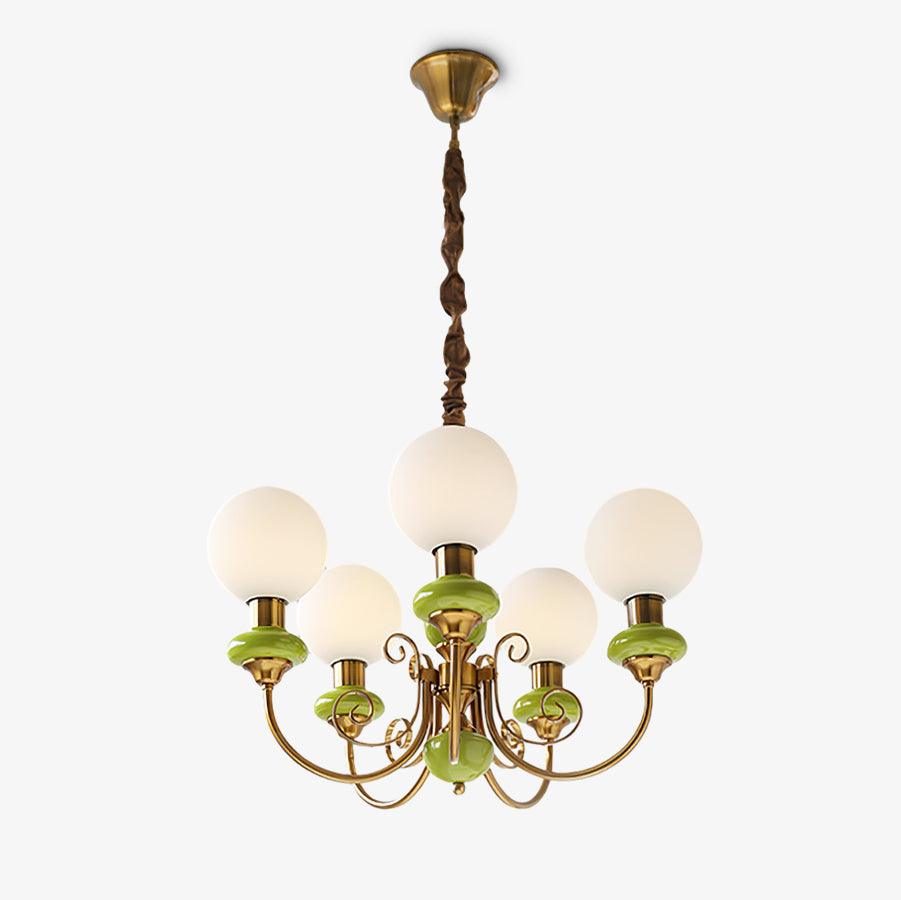 Kroonluchter met Groene Glazen Kappen en Gouden of Zwarte Afwerking – Luxe Hanglamp in 3, 5 of 8 Lichtpunten | Sansoti