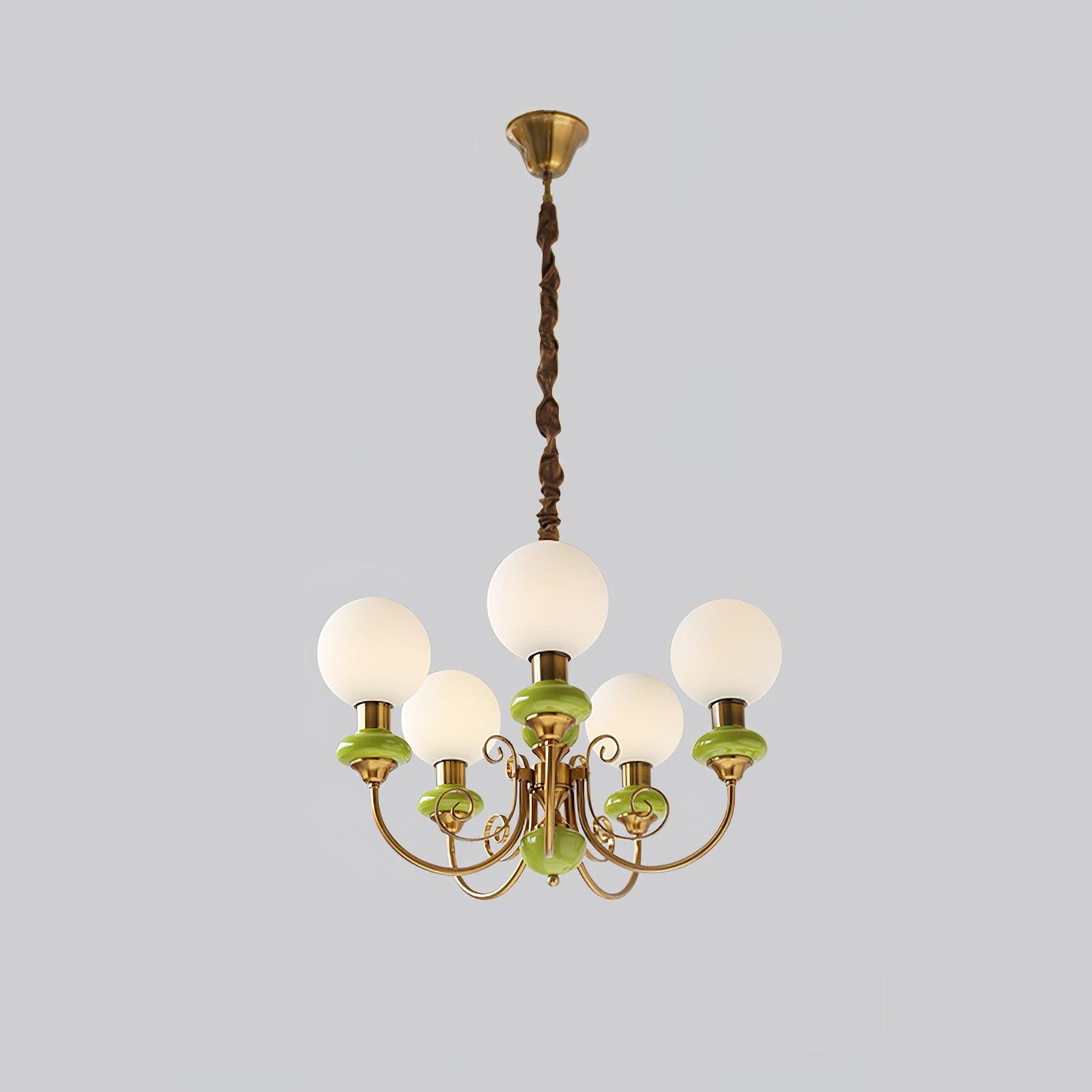 Kroonluchter met Groene Glazen Kappen en Gouden of Zwarte Afwerking – Luxe Hanglamp in 3, 5 of 8 Lichtpunten | Sansoti