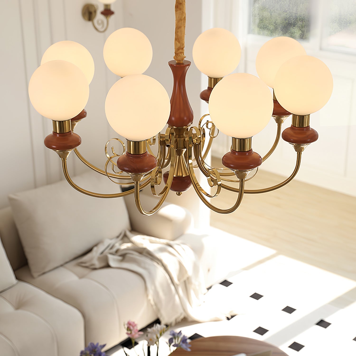 Kroonluchter met Groene Glazen Kappen en Gouden of Zwarte Afwerking – Luxe Hanglamp in 3, 5 of 8 Lichtpunten | Sansoti