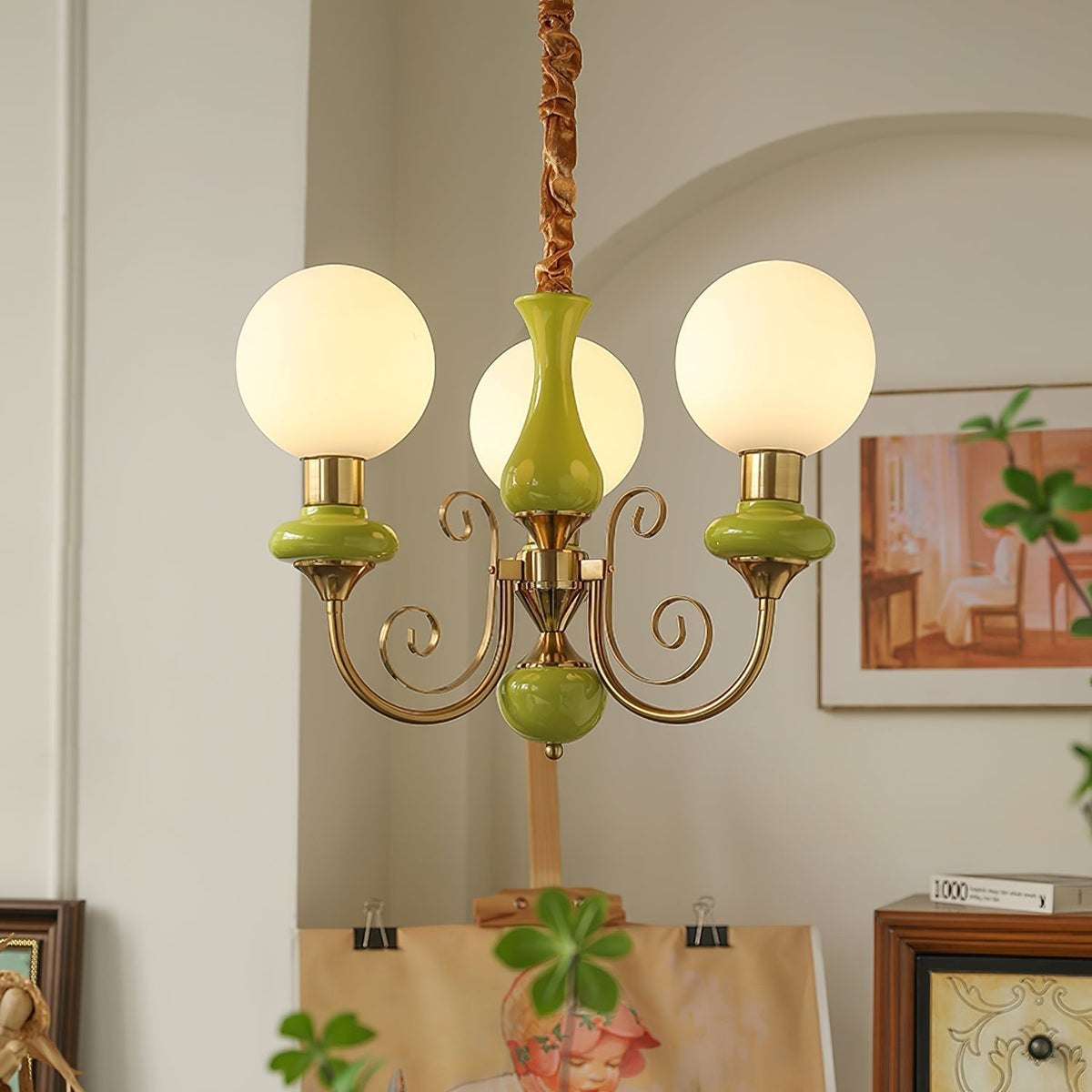 Lustre en verre à structure en fer vert, doré et blanc, 3-5-8 lampes, suspension pour salle à manger et salon | Sansoti