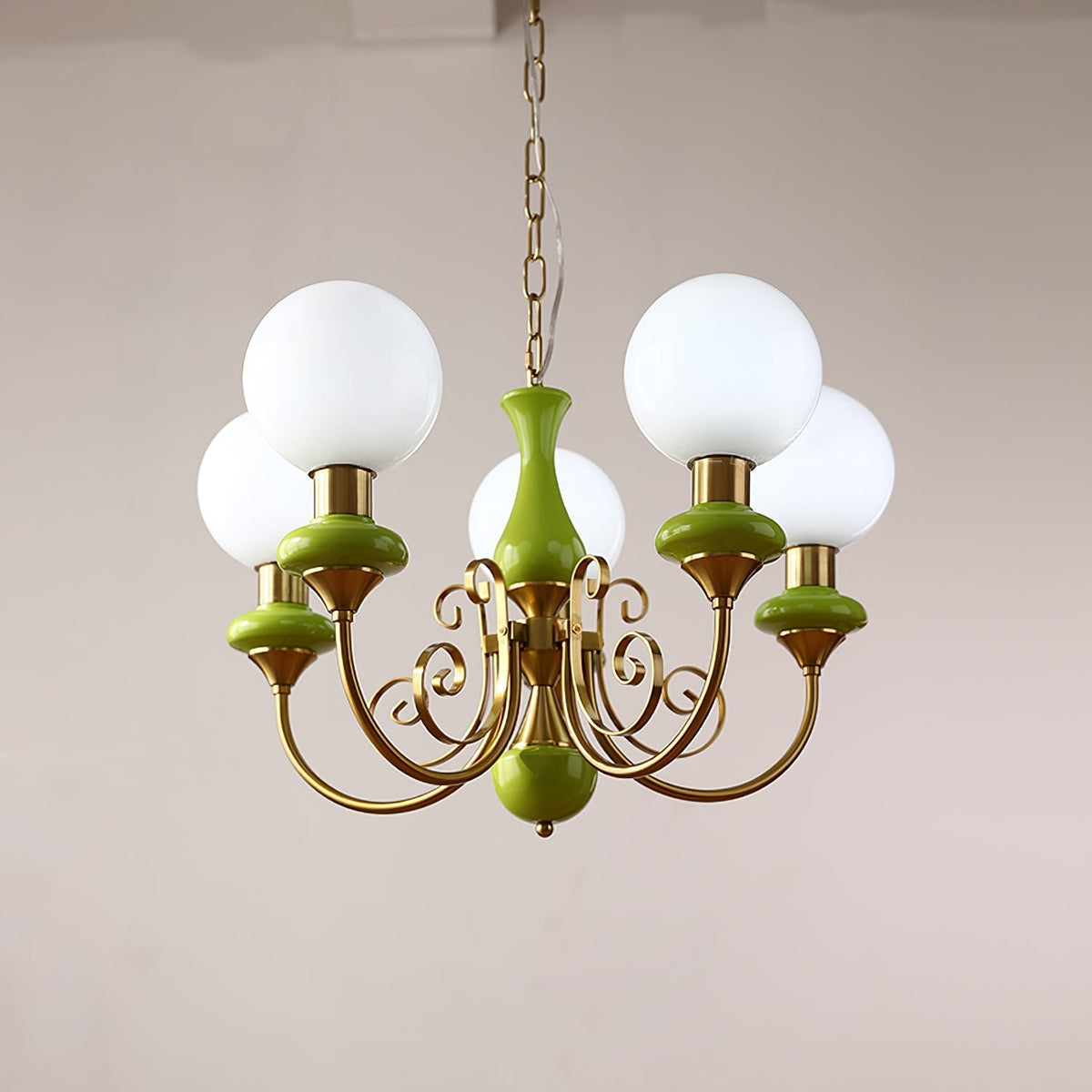 Lustre en verre à structure en fer vert, doré et blanc, 3-5-8 lampes, suspension pour salle à manger et salon | Sansoti