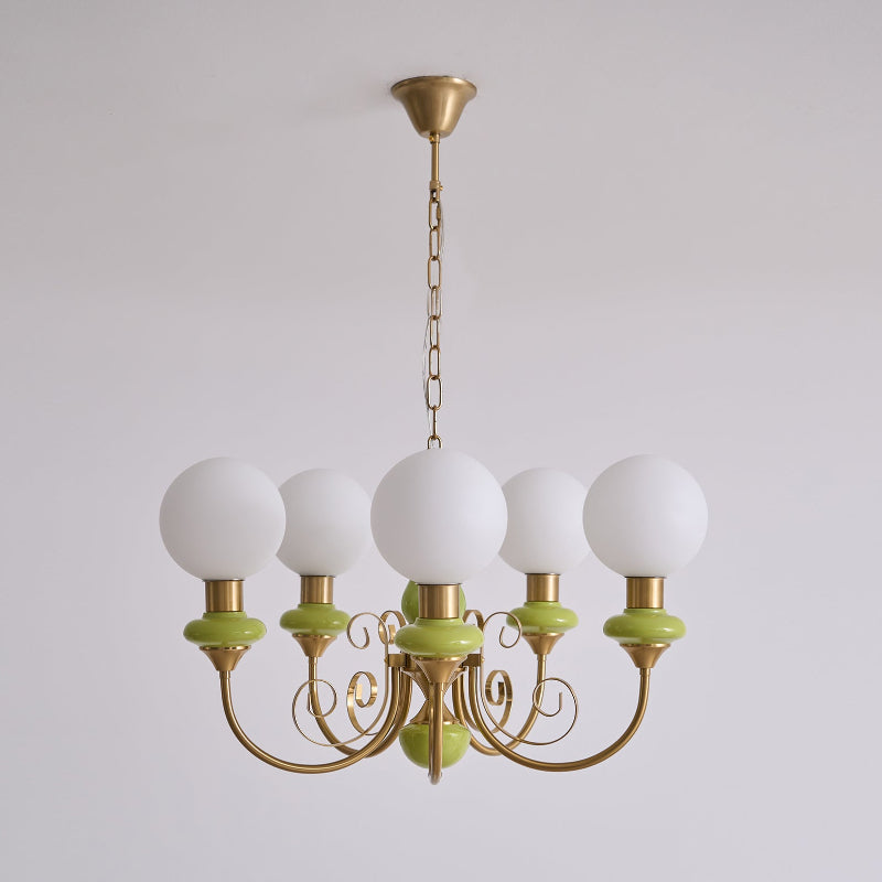 Lustre en verre à structure en fer vert, doré et blanc, 3-5-8 lampes, suspension pour salle à manger et salon | Sansoti