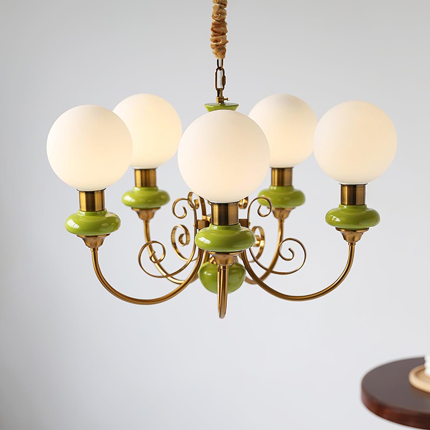 Kroonluchter met Groene Glazen Kappen en Gouden of Zwarte Afwerking – Luxe Hanglamp in 3, 5 of 8 Lichtpunten | Sansoti