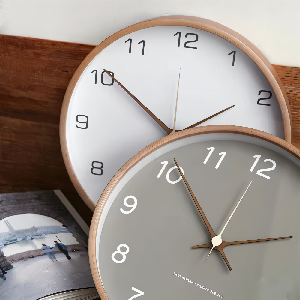 Ronde Wandklok Hout 25cm Grijs Wit Stil Uurwerk Slaapkamer Woonkamer Keuken Kwarts Houten Klok Scandinavisch | Sansoti