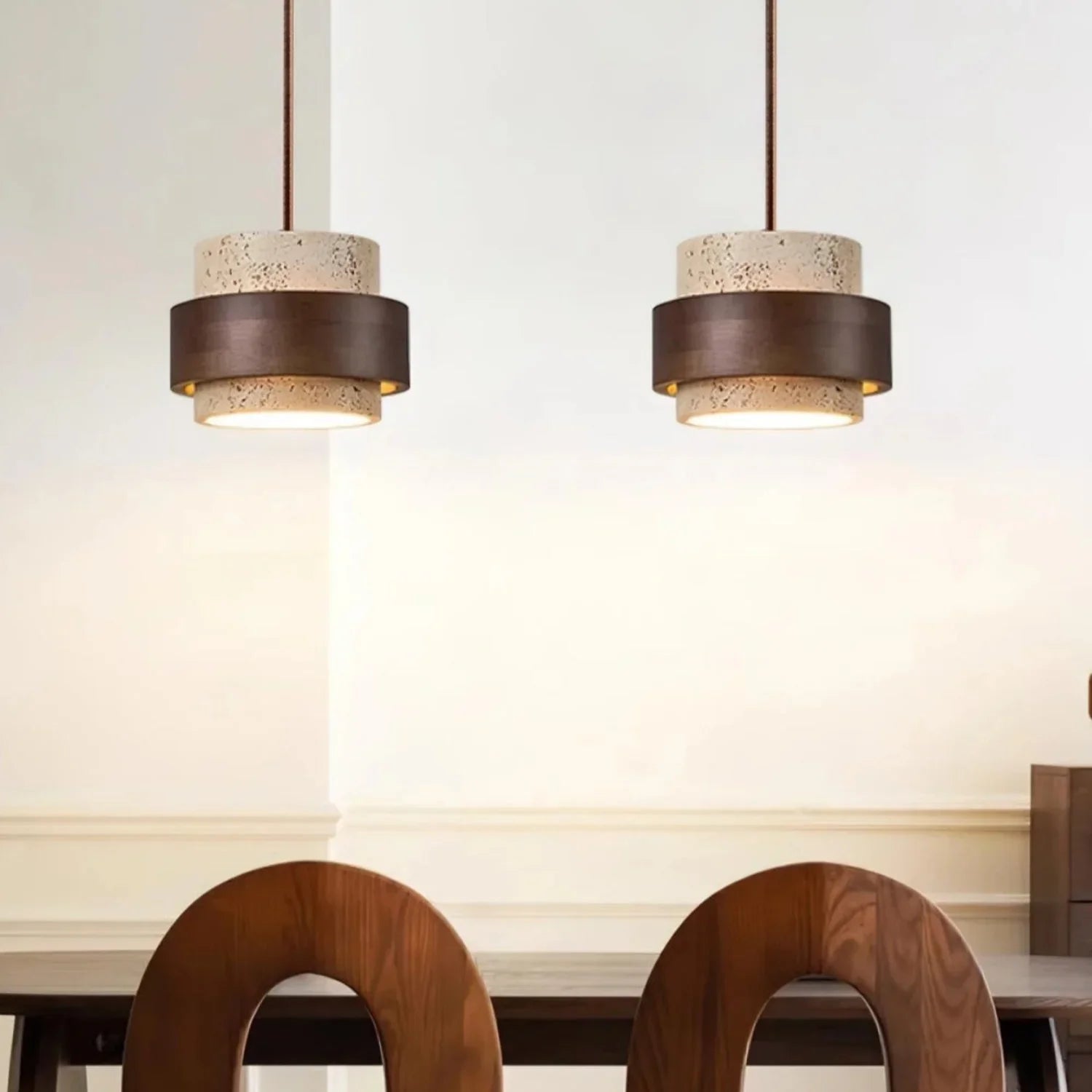 Travertijn Hanglamp Japandi Design | Minimalistische Hanglamp van Natuursteen & Hout - Sansoti