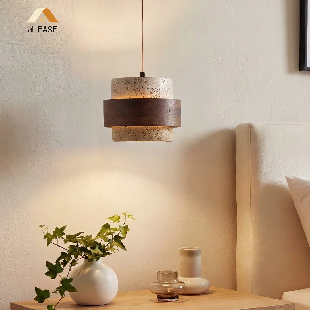 Travertijn Hanglamp Japandi Design | Minimalistische Hanglamp van Natuursteen & Hout - Sansoti