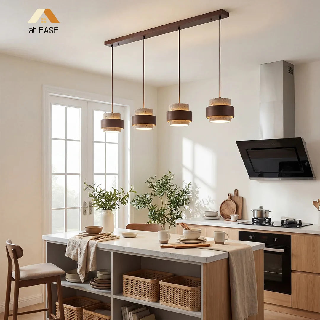 Travertijn Hanglamp Japandi Design | Minimalistische Hanglamp van Natuursteen & Hout - Sansoti