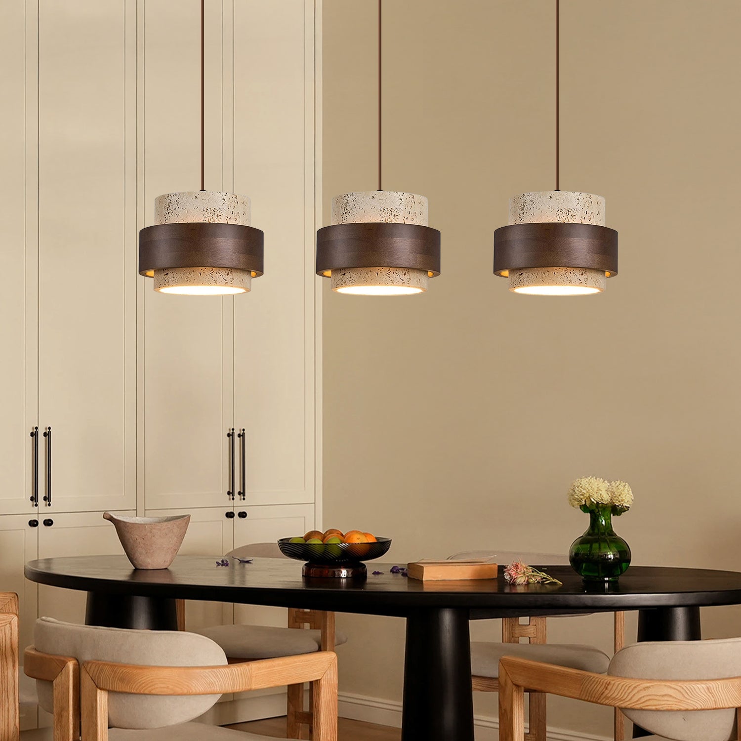 Travertijn Hanglamp Japandi Design | Minimalistische Hanglamp van Natuursteen & Hout - Sansoti