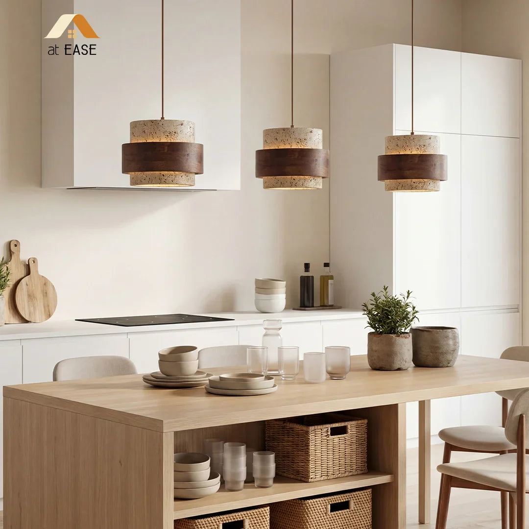 Travertijn Hanglamp Japandi Design | Minimalistische Hanglamp van Natuursteen & Hout - Sansoti