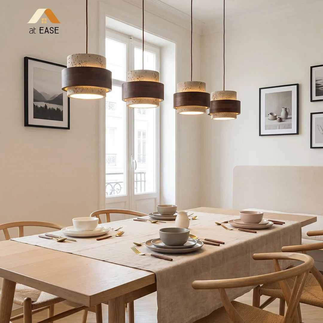 Travertijn Hanglamp Japandi Design | Minimalistische Hanglamp van Natuursteen & Hout - Sansoti