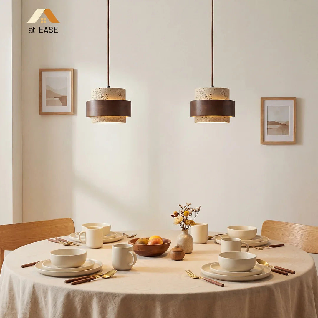 Travertijn Hanglamp Japandi Design | Minimalistische Hanglamp van Natuursteen & Hout - Sansoti