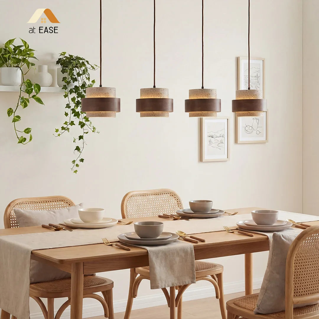 Travertijn Hanglamp Japandi Design | Minimalistische Hanglamp van Natuursteen & Hout - Sansoti