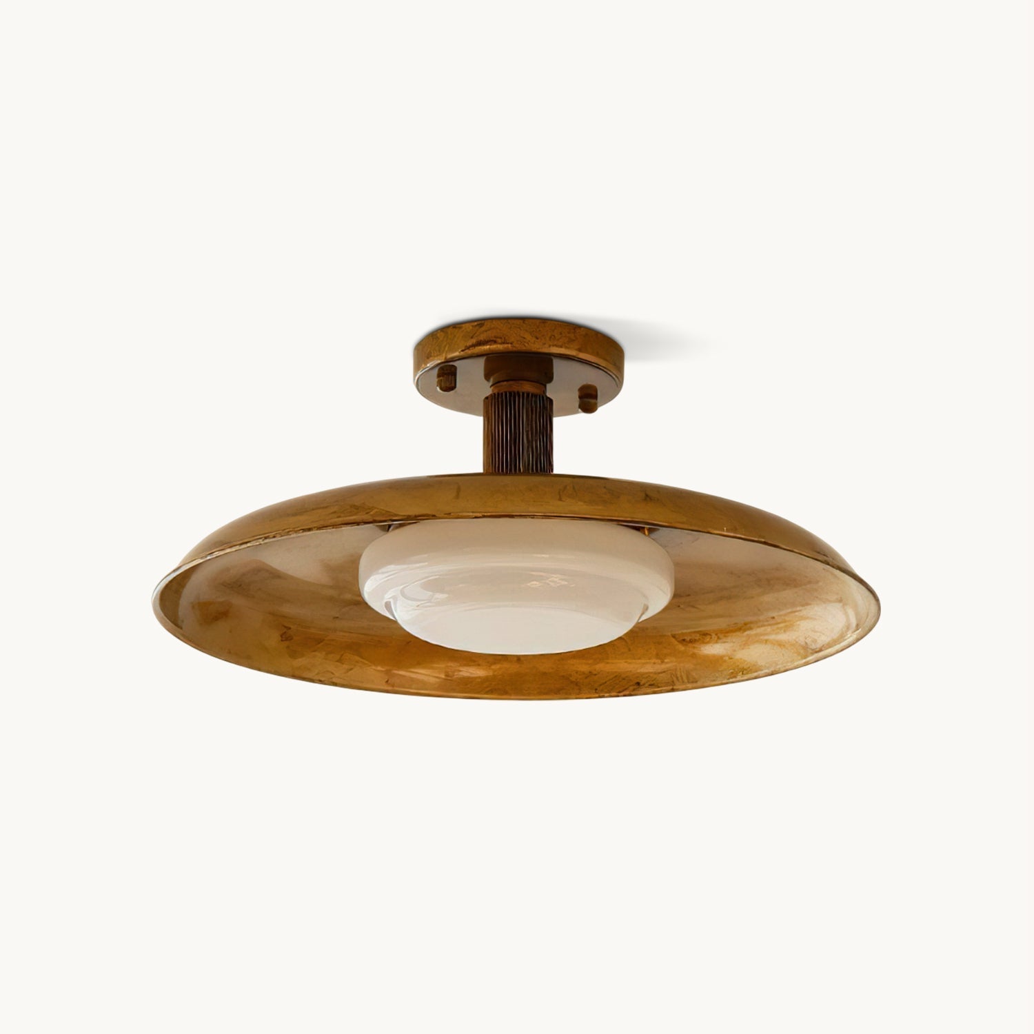 Plafondlamp met handgeblazen glazen kap en gestructureerde metalen rozet – warm sfeerlicht voor woonkamer, slaapkamer en entree | Sansoti