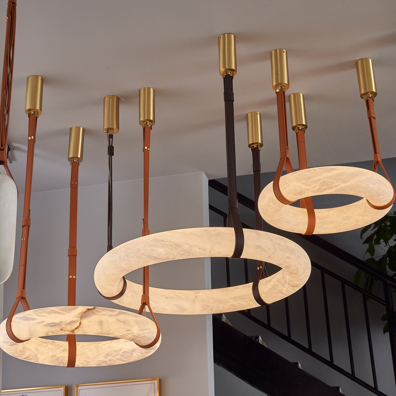 Hängelampe Alabaster Ring LED Dunkelbraun Braun Gold Wohnzimmer Esszimmer 3000K 4000K 6000K Ø30 Ø120cm Naturstein Pendelleuchte | Restfield