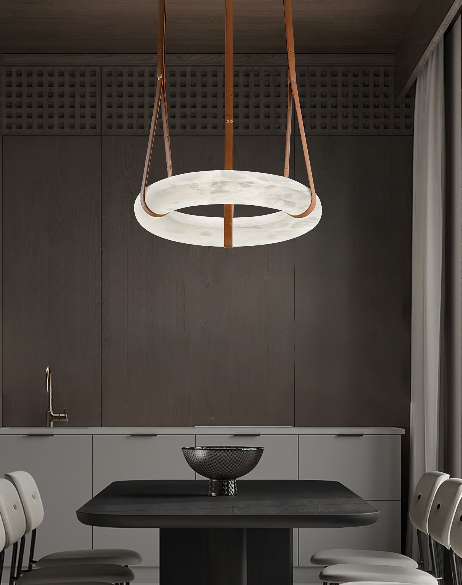Hängelampe Alabaster Ring LED Dunkelbraun Braun Gold Wohnzimmer Esszimmer 3000K 4000K 6000K Ø30 Ø120cm Naturstein Pendelleuchte | Restfield