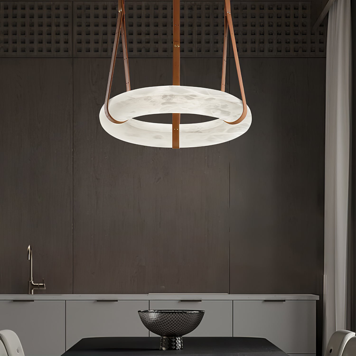 Hängelampe Alabaster Ring LED Dunkelbraun Braun Gold Wohnzimmer Esszimmer 3000K 4000K 6000K Ø30 Ø120cm Naturstein Pendelleuchte | Restfield