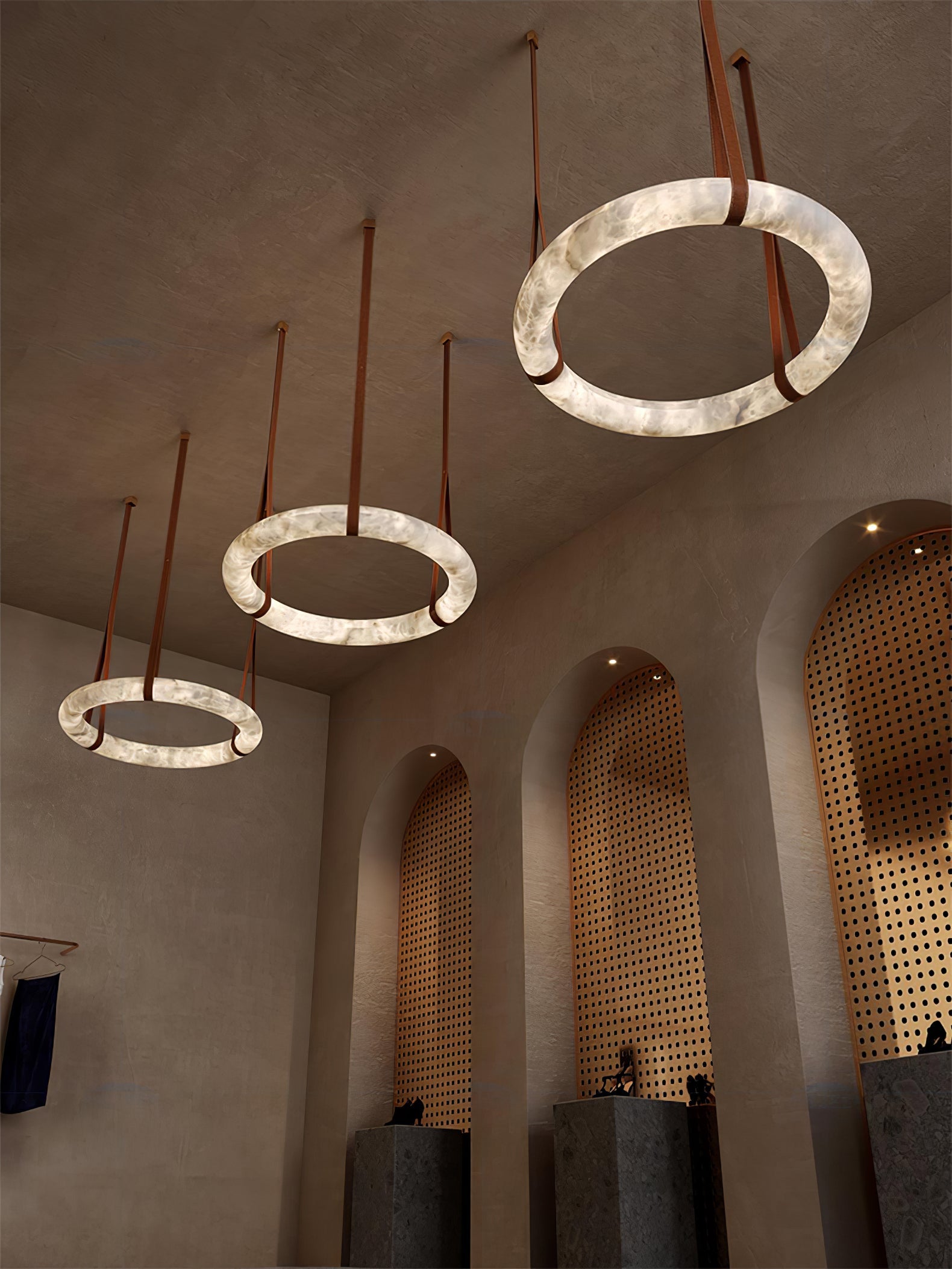 Hängelampe Alabaster Ring LED Dunkelbraun Braun Gold Wohnzimmer Esszimmer 3000K 4000K 6000K Ø30 Ø120cm Naturstein Pendelleuchte | Restfield