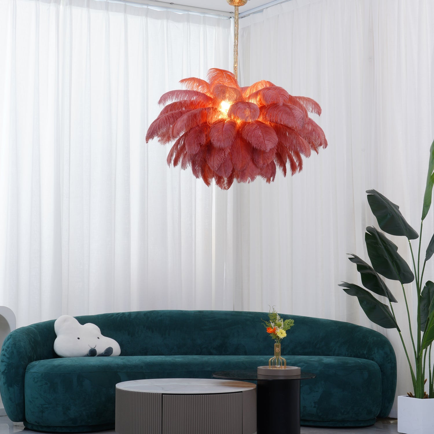 Veren Kroonluchter 56 Handgekleurde Pluimen Messing Fitting Goud Zilver Hollywood Glamour Statement Verlichting | Sansoti