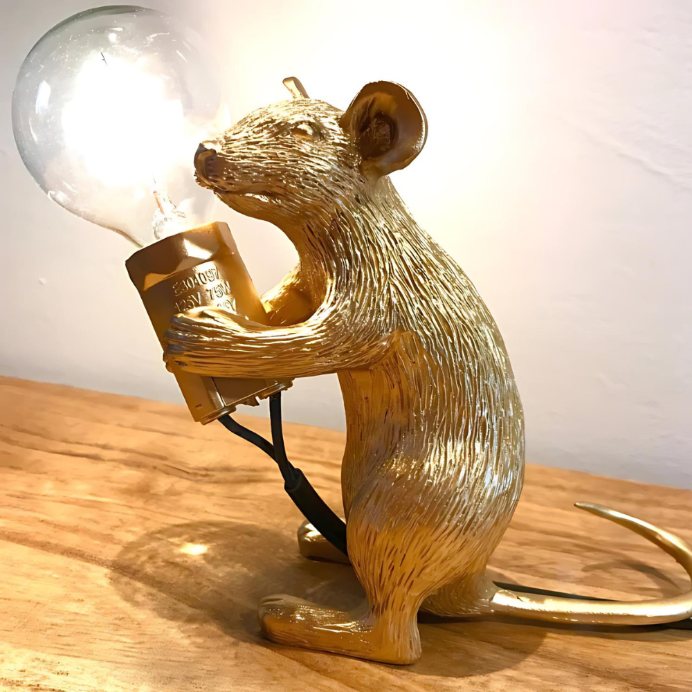 Design Maus Tischleuchte | Dekorative Tischlampe aus Harz mit Leuchtmittel – Gold oder Weiß
