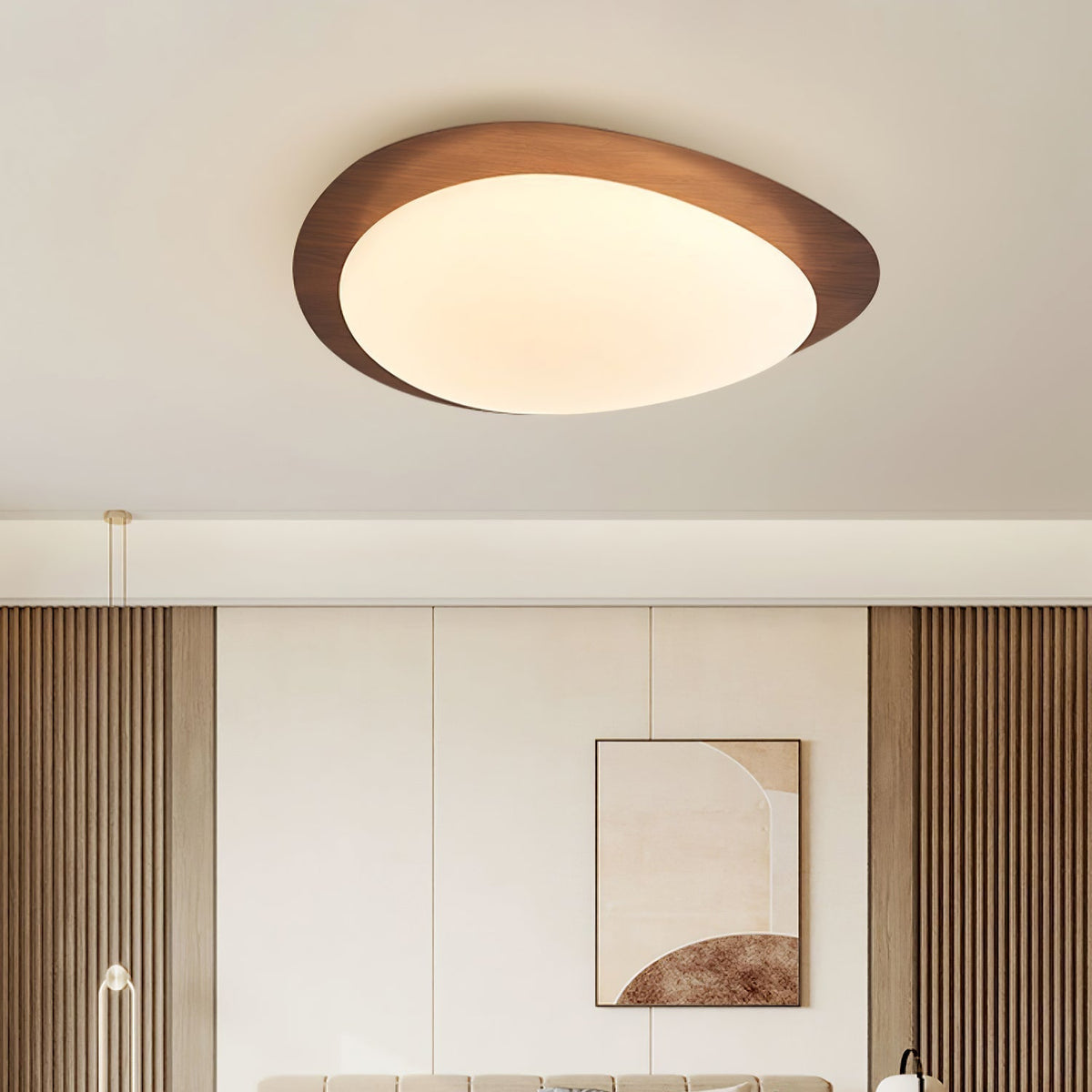 Plafonnier au design organique en forme de galet, finition bois, LED en acrylique, lumière chaude, éclairage pour salon et salle à manger | Sansoti