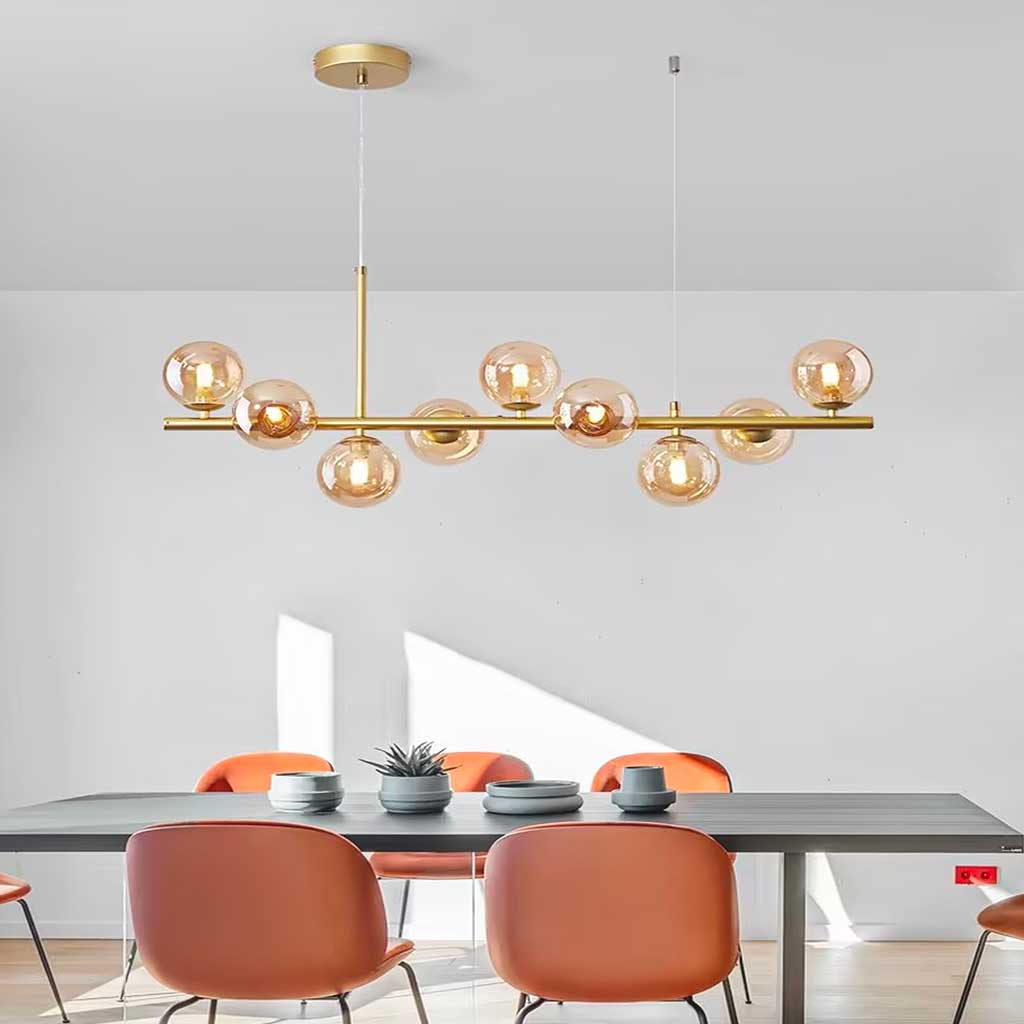 Glasball-Pendelleuchte mit goldenem Rahmen, 7–11 Lichtquellen, moderner Kronleuchter mit einstellbarer Farbtemperatur | Sansoti
