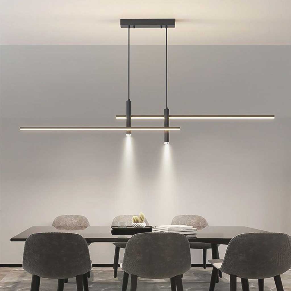 Minimalistische LED-Hängeleuchte mit Spotlights in Schwarz und Gold aus Aluminium, dimmbar, mit Fernbedienung, für das Esszimmer | Sansoti