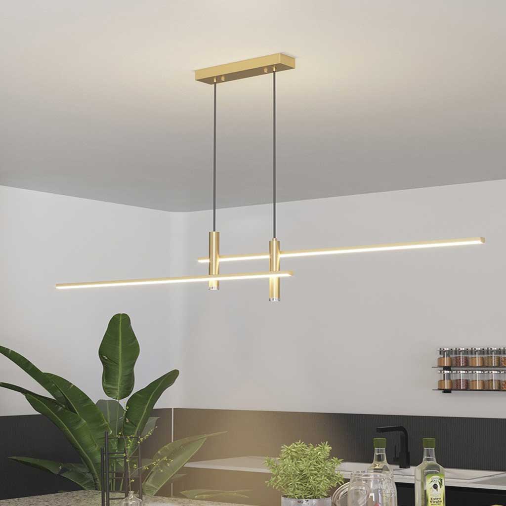 Minimalistische LED-Hängeleuchte mit Spotlights in Schwarz und Gold aus Aluminium, dimmbar, mit Fernbedienung, für das Esszimmer | Sansoti