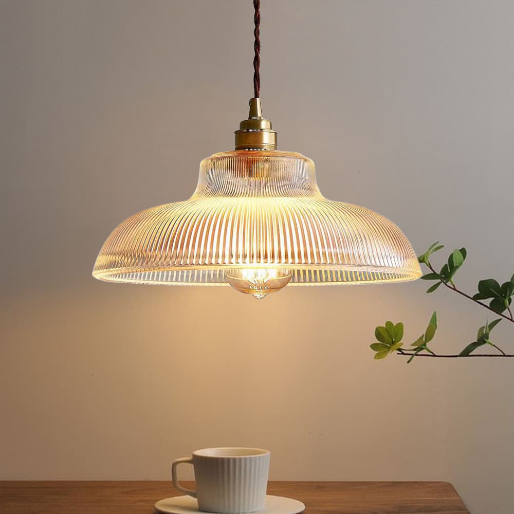 Vintage Pendant Lamp with Prismatic Glass - E27 Socket - Brass & Green - Dimmable - Retro Kitchen Lighting - Dining Table Lighting | Sansoti
