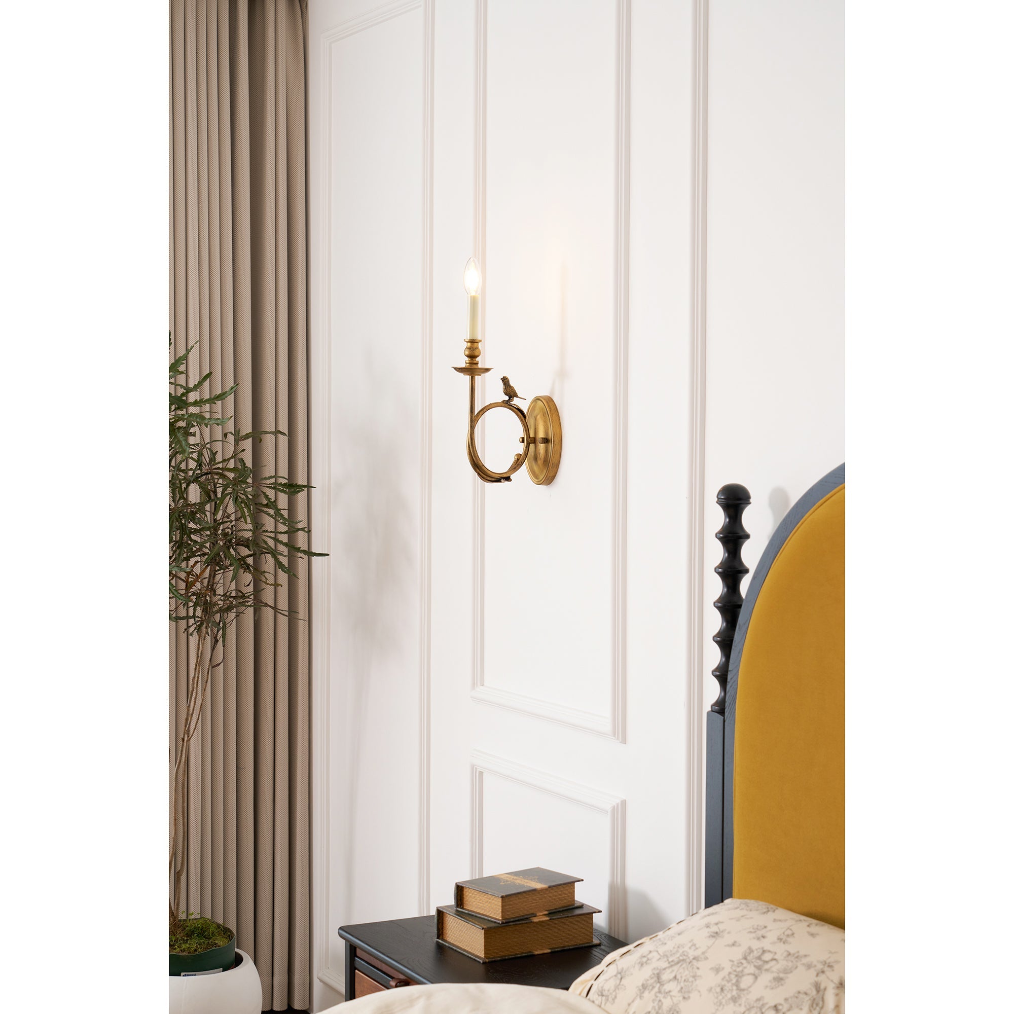 Applique murale vintage avec oiseau sur branche en laiton antique – applique classique avec douille E14 pour chambre, hall et salon | Restfield