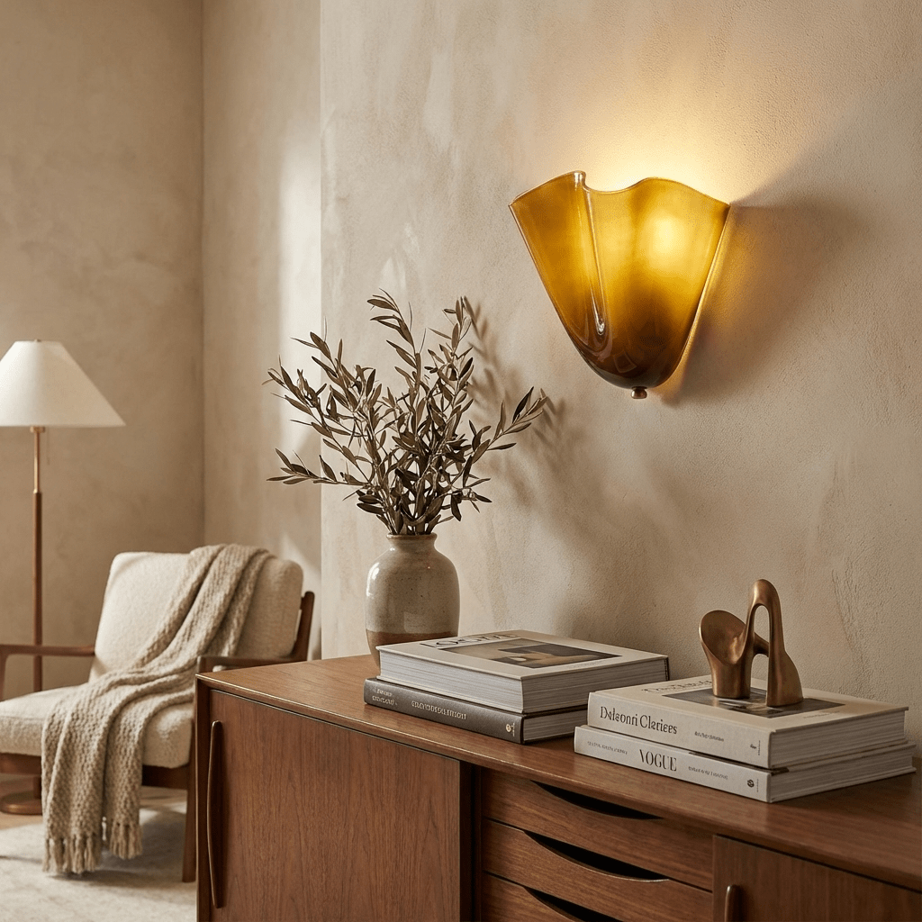 Petalia Wandlamp — Sculptural Petal-Geïnspireerde Glazen Wandverlichting met G9 Fitting en Hardwired Installatie (28 × 25 × 13 cm) | Sansoti