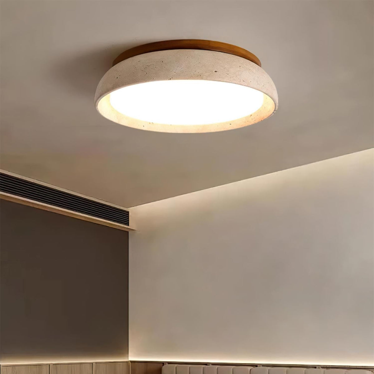Runde Travertin-Deckenleuchte aus Holz mit warmem Licht, modernes Design, Wohnzimmer, Esszimmer, Schlafzimmer, skandinavische Einrichtung | Sansoti