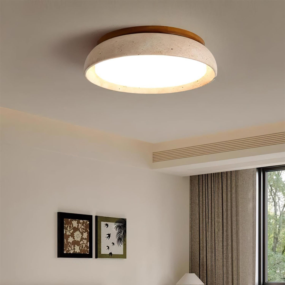 Runde Travertin-Deckenleuchte aus Holz mit warmem Licht, modernes Design, Wohnzimmer, Esszimmer, Schlafzimmer, skandinavische Einrichtung | Sansoti
