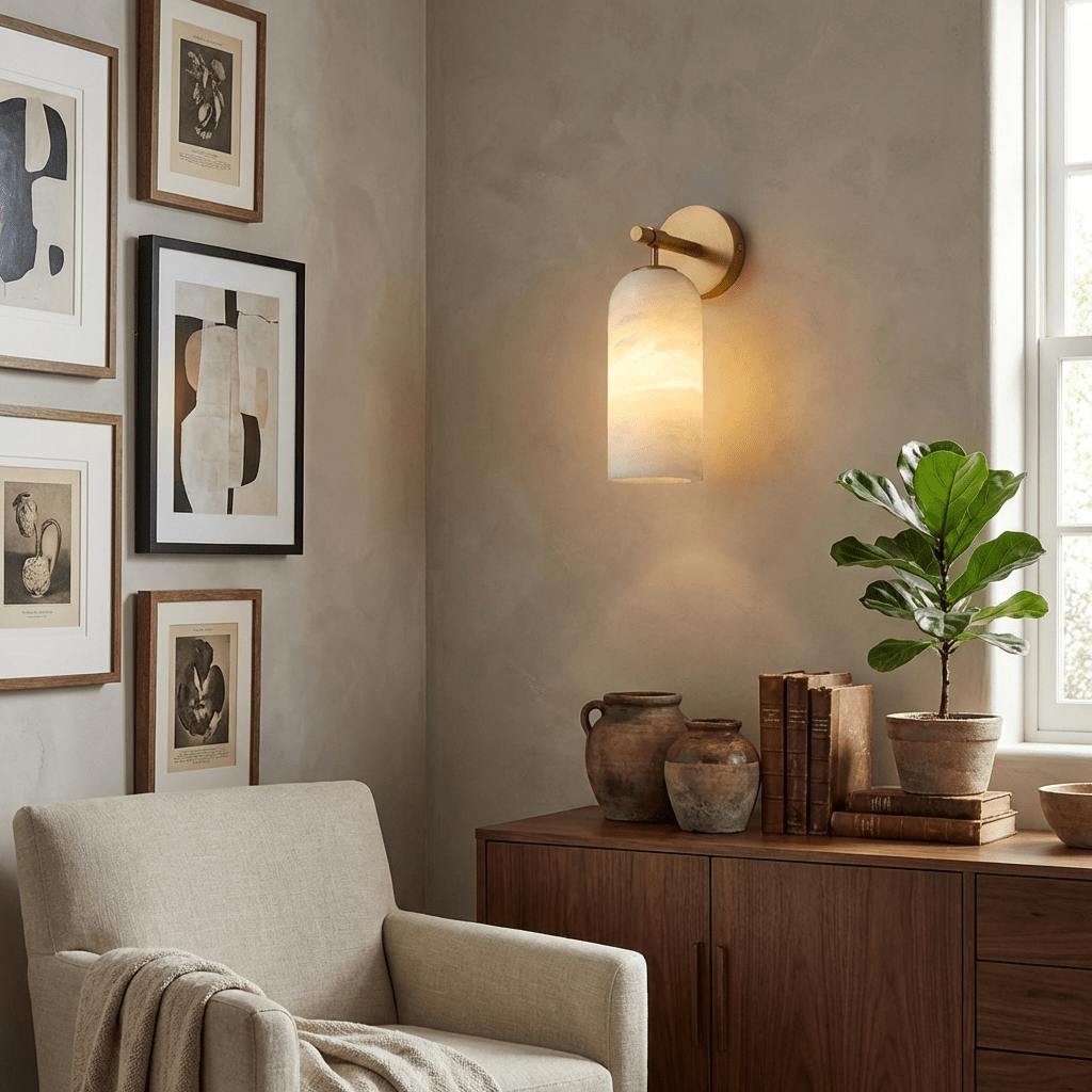 Albast Wandlamp Cilindervorm Minimalistisch Gouden Armatuur Warme Gloed Verlichting | Sansoti
