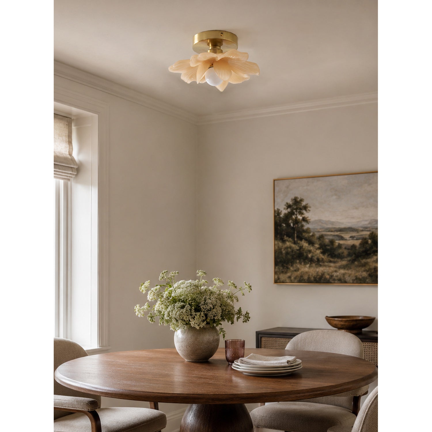 Plafondlamp met Bloesemontwerp in Hars en Messing – Elegante Verlichting voor Slaapkamer en Gang | Sansoti