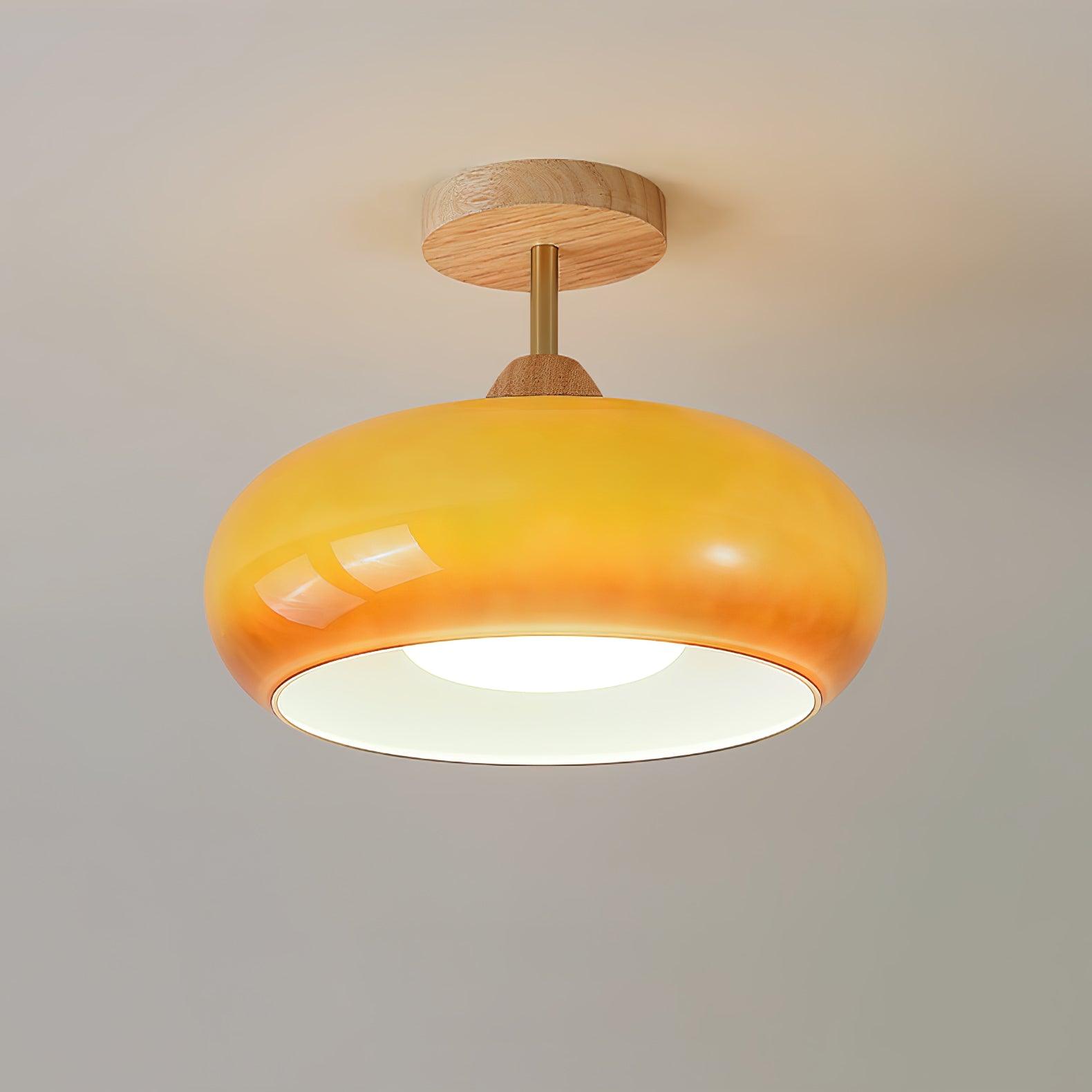 Vintage Bauhaus Plafondlamp met Glazen Schijf – Natuurlijk Houten Frame in Oranje of Wit – Ø28cm Verlichting voor Mid-Century Modern Interieur | Sansoti