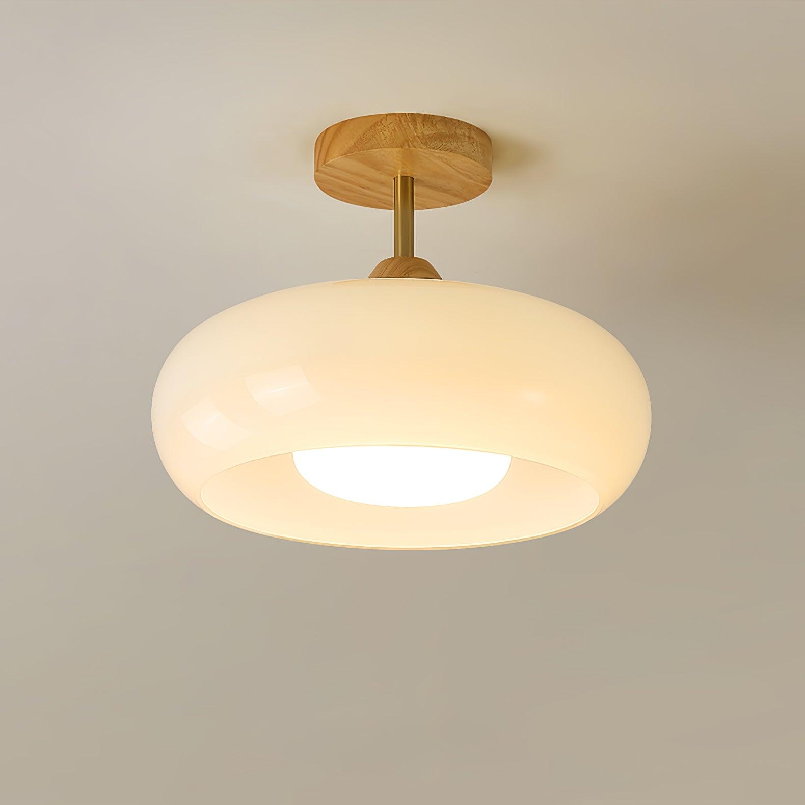 Vintage Bauhaus Plafondlamp met Glazen Schijf – Natuurlijk Houten Frame in Oranje of Wit – Ø28cm Verlichting voor Mid-Century Modern Interieur | Sansoti