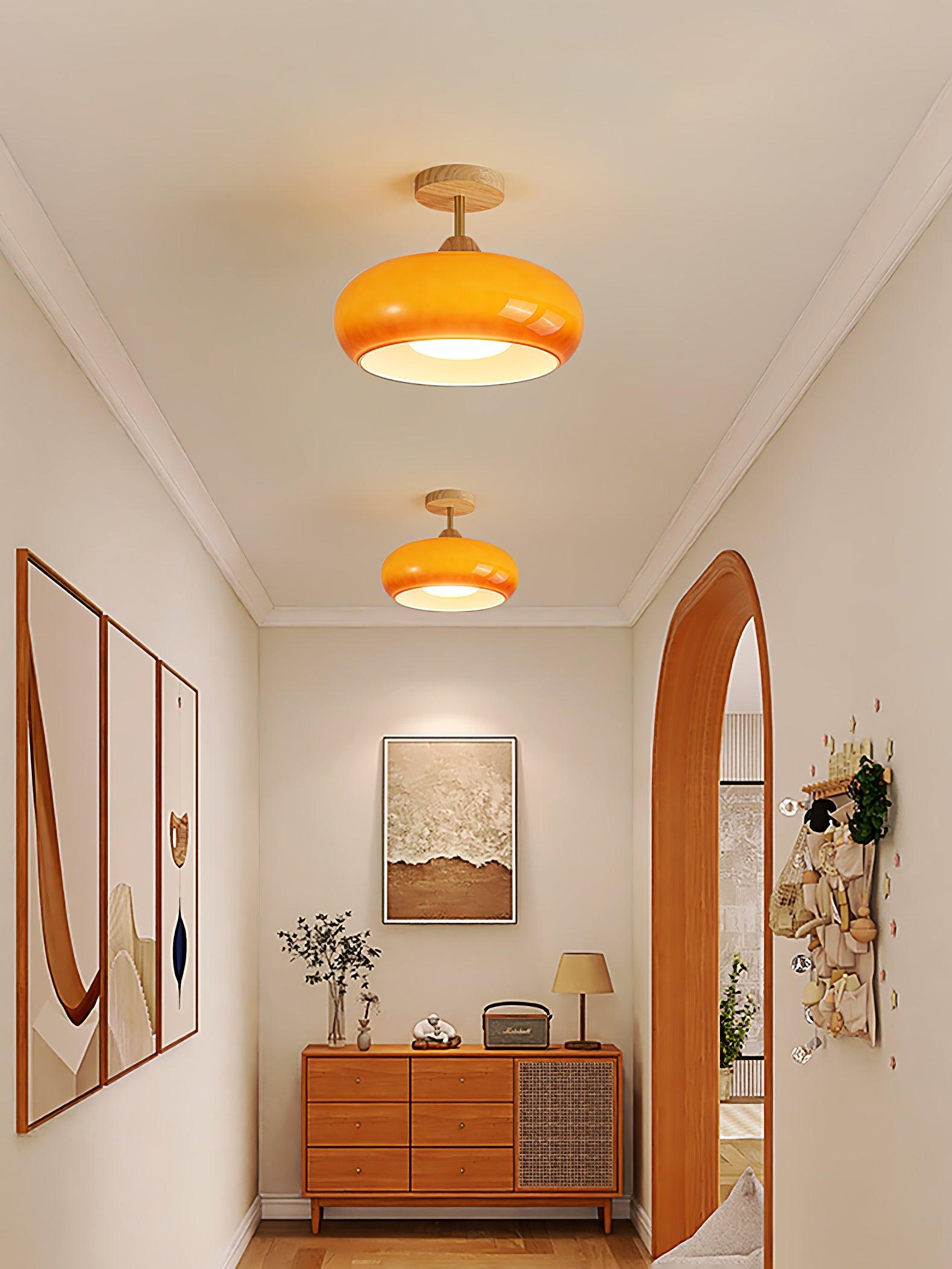 Vintage Bauhaus Plafondlamp met Glazen Schijf – Natuurlijk Houten Frame in Oranje of Wit – Ø28cm Verlichting voor Mid-Century Modern Interieur | Sansoti