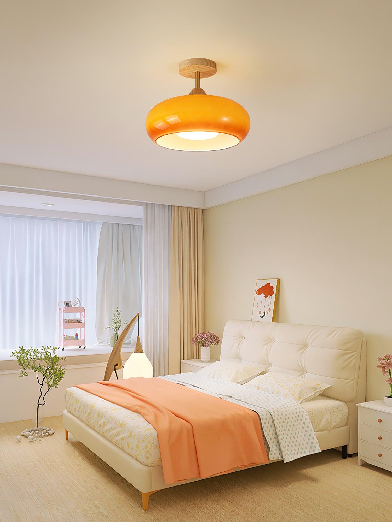 Vintage Bauhaus Plafondlamp met Glazen Schijf – Natuurlijk Houten Frame in Oranje of Wit – Ø28cm Verlichting voor Mid-Century Modern Interieur | Sansoti