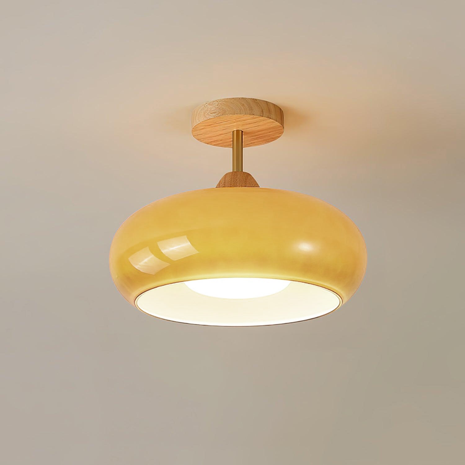 Vintage Bauhaus Plafondlamp met Glazen Schijf – Natuurlijk Houten Frame in Oranje of Wit – Ø28cm Verlichting voor Mid-Century Modern Interieur | Sansoti