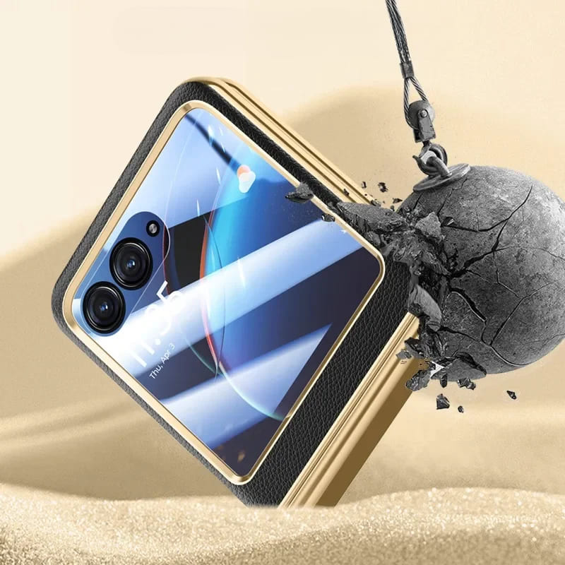 Kunstleren beschermhoes voor opvouwbare smartphone met gehard glas verchroomde afwerking en volledige bescherming | Sansoti