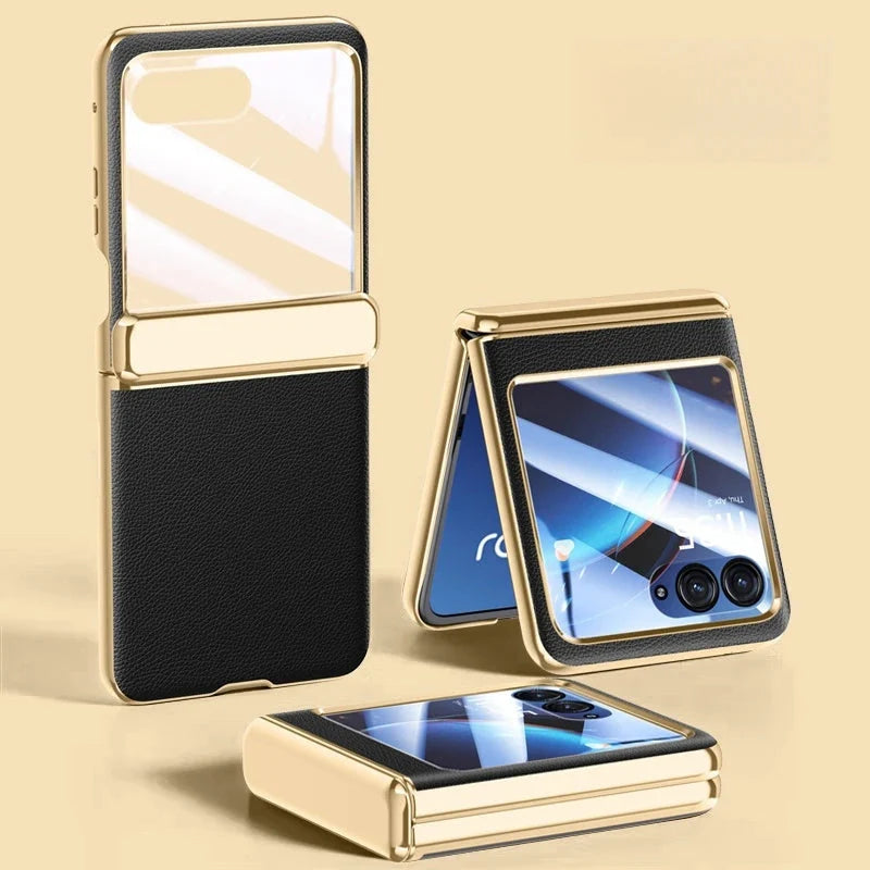 Kunstleren beschermhoes voor opvouwbare smartphone met gehard glas verchroomde afwerking en volledige bescherming | Sansoti
