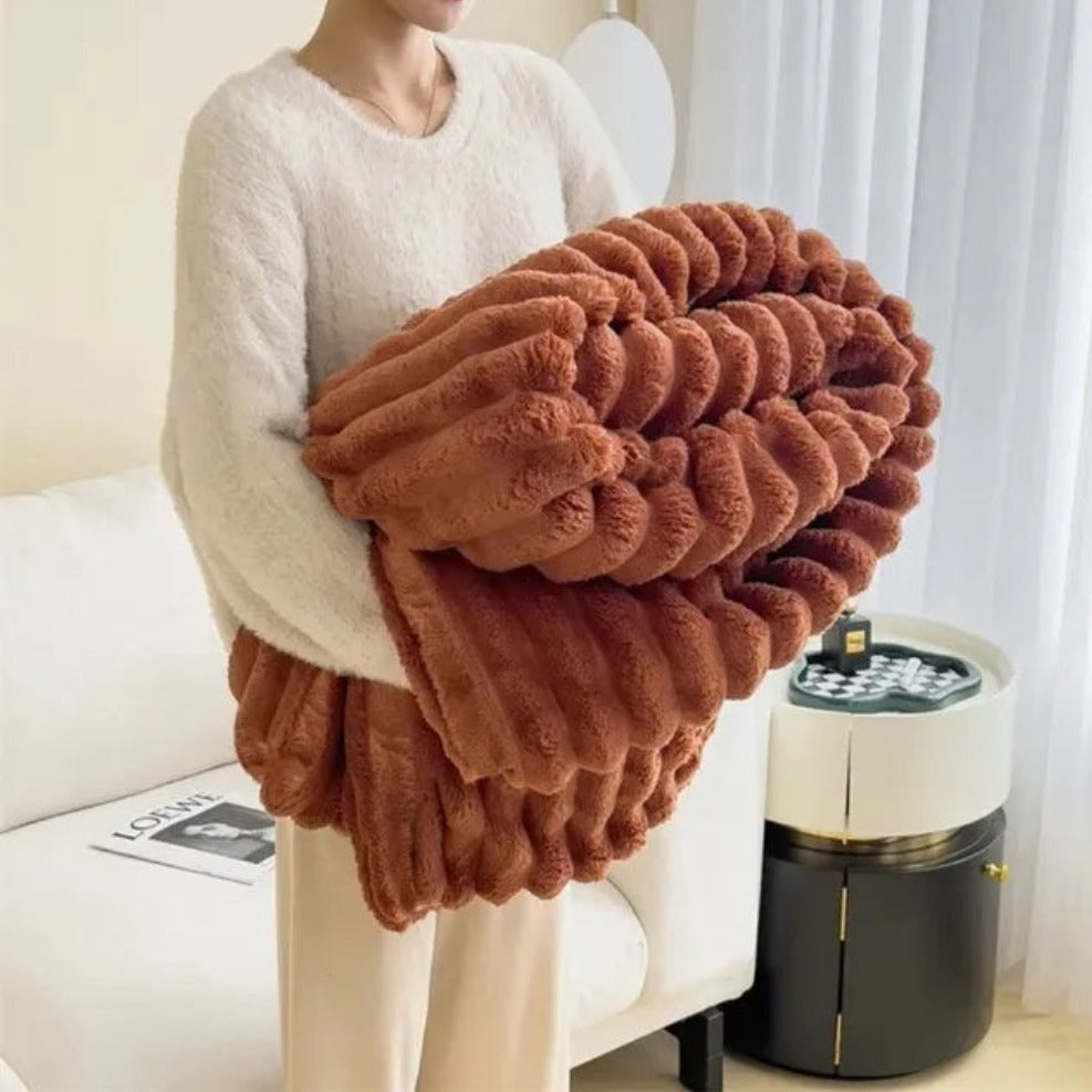 Striped Fleece Throw 150x200 cm & 200x230 cm | Soft Bedspread Living Room Bedroom Terracotta Gray | Sansoti