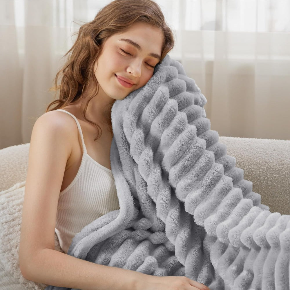 Striped Fleece Throw 150x200 cm & 200x230 cm | Soft Bedspread Living Room Bedroom Terracotta Gray | Sansoti