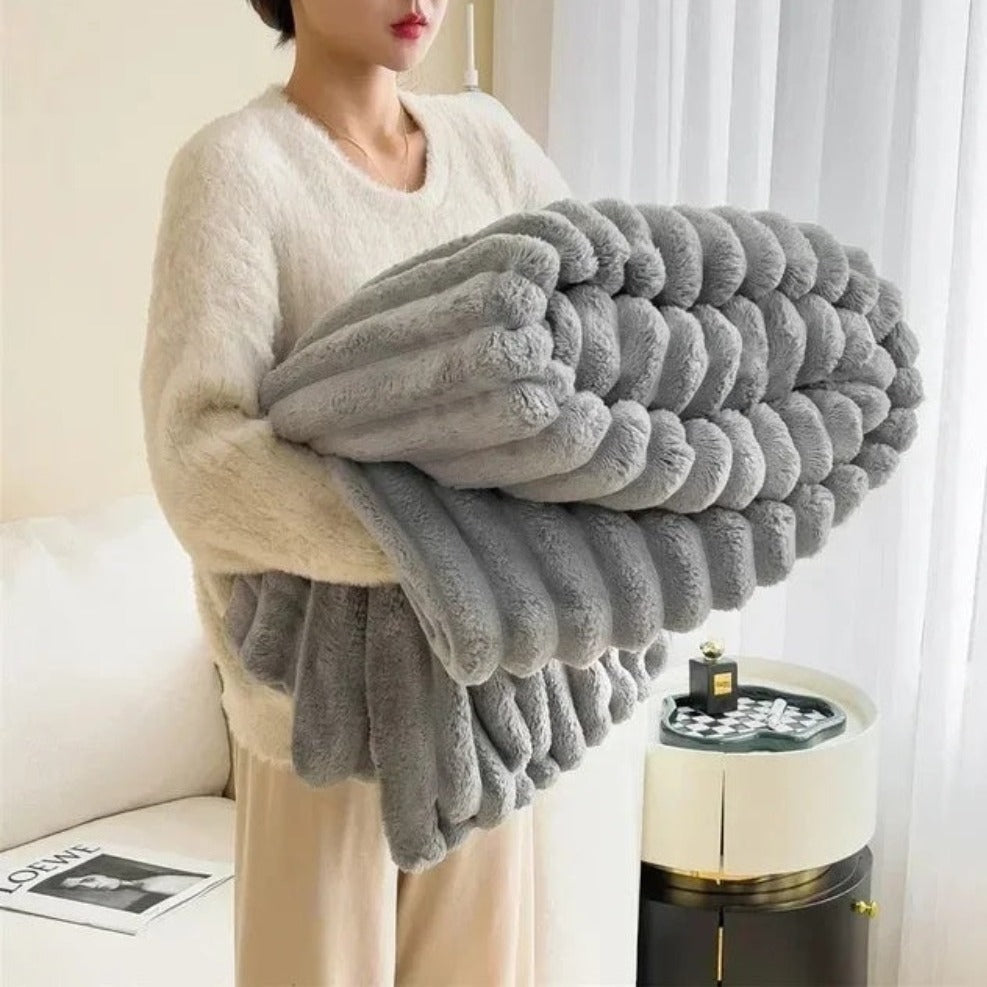 Striped Fleece Throw 150x200 cm & 200x230 cm | Soft Bedspread Living Room Bedroom Terracotta Gray | Sansoti
